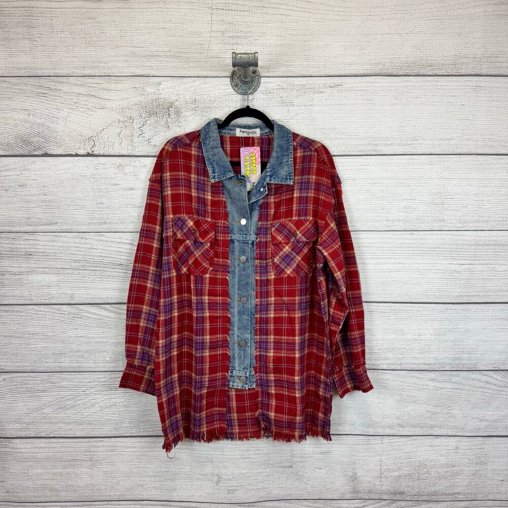 Impressions Women's Red Plaid Button Up Flannel Shirt Size Medium